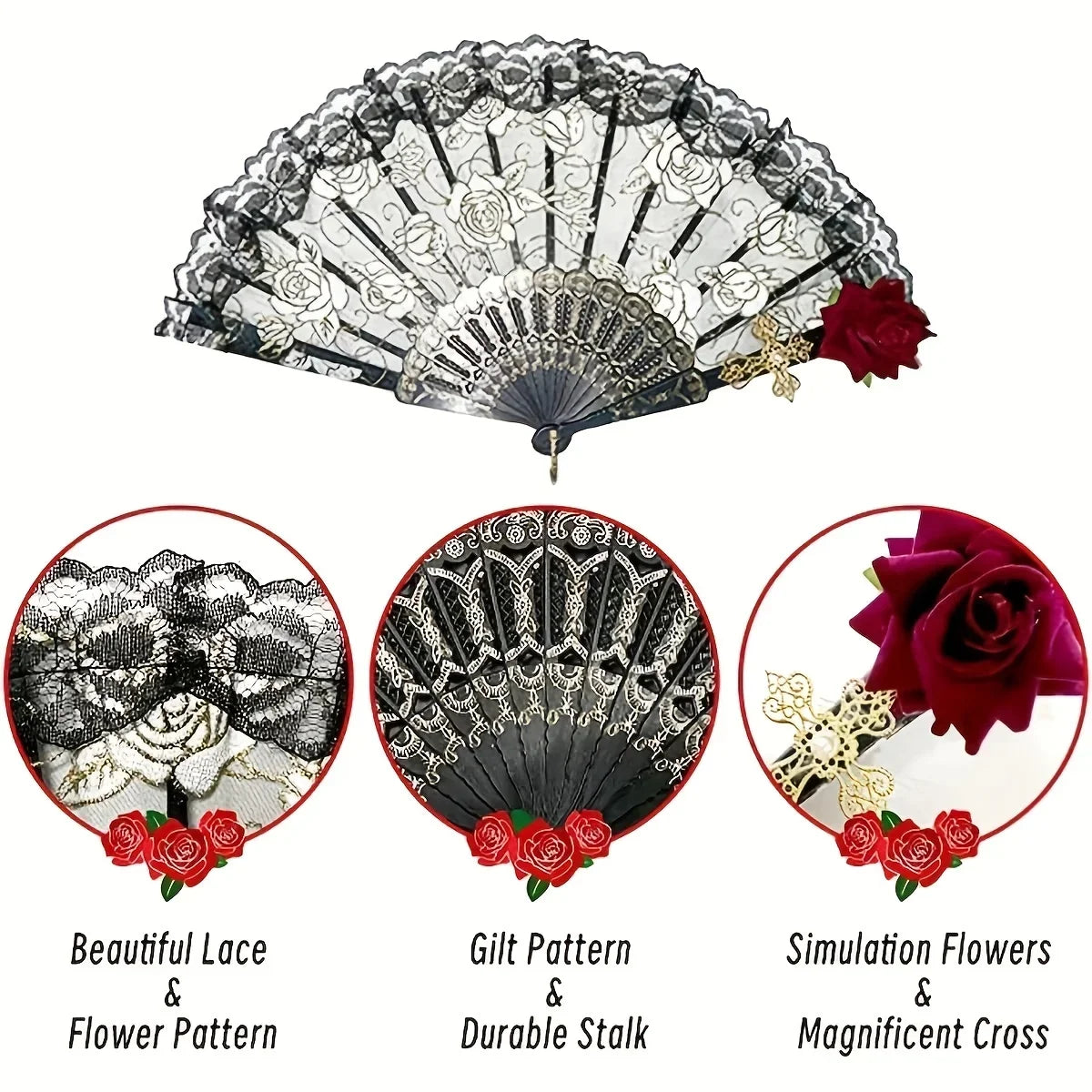Dance Fan Ornament Ladies Lace Hand Fan Black White Cloth Folding Fans Spanish Hand for Wedding Party Favor Accessories Oasis Select