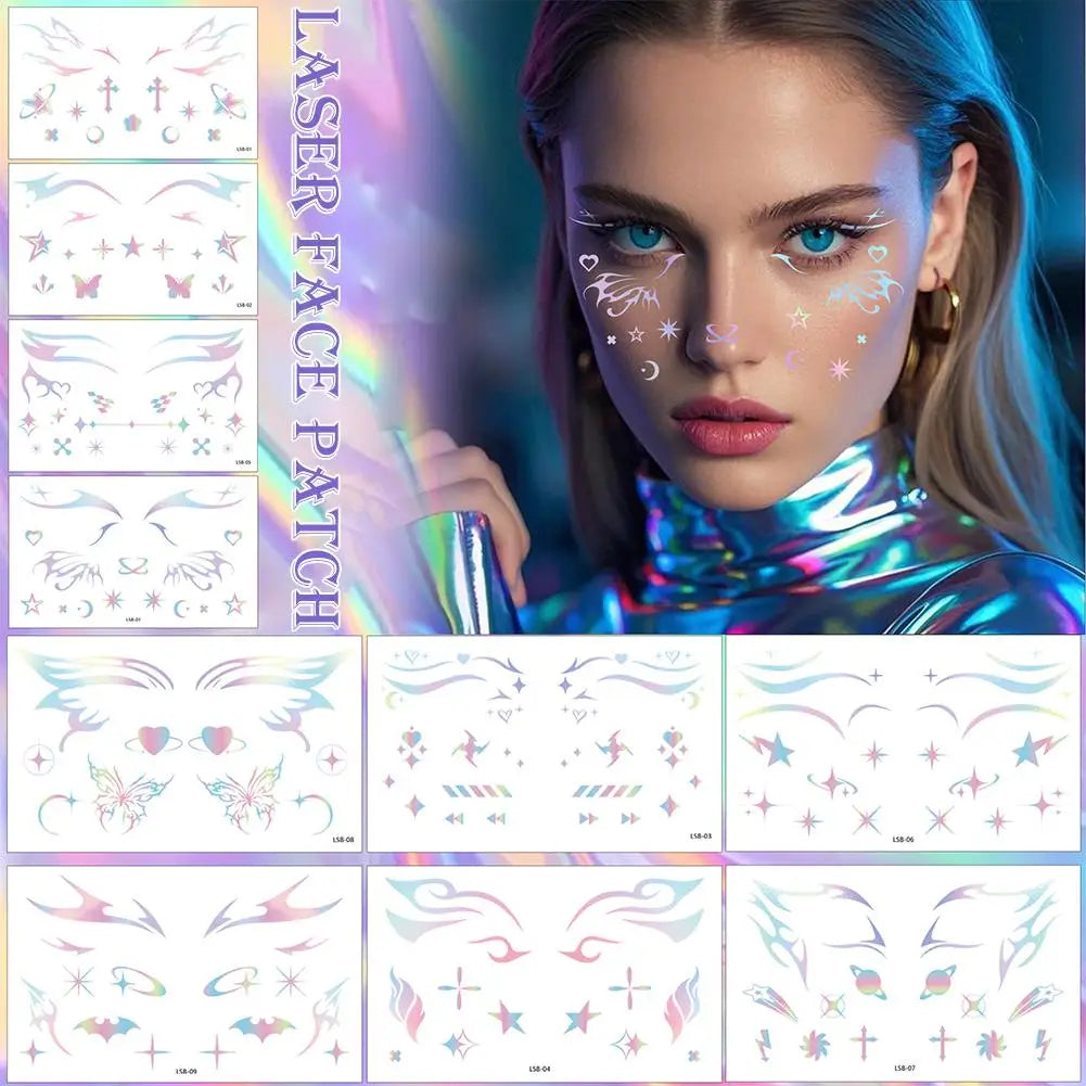 Laser Face Stickers Tattoo Waterproof Temporary Tattoo Eye Decal Glitter Makeup Sticker For Women Party Dance Music Festiva L6E3 Oasis Select
