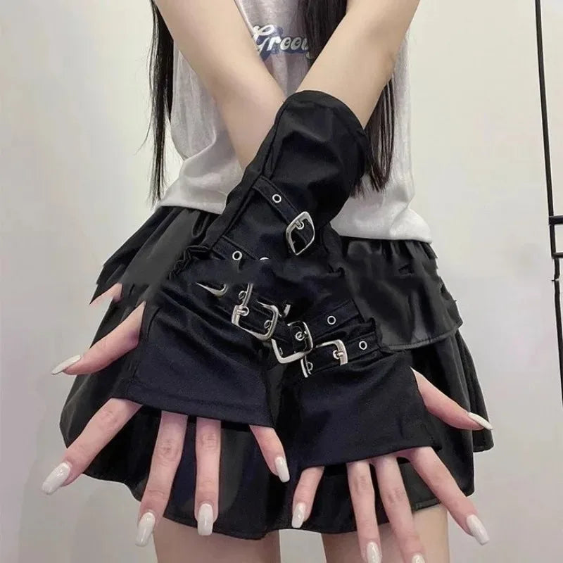Wasteland Style Fashion Dopamine Black Abi Sleeve Set Women's Half Cut Open Finger Gloves Metal Buckle Dark Punk Ins Oasis Select