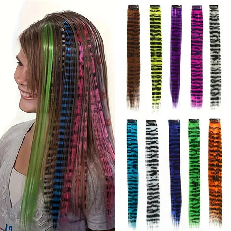 New Stripe Multi-color Leopard Printed Long Straight Wig Clip For Girls Highlights Wig Hairpieces Oasis Select