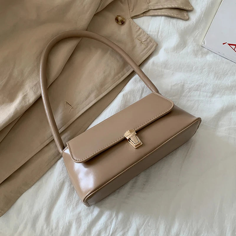 Khaki PU Leather Shoulder Bag – Women's Casual Tote Purse
