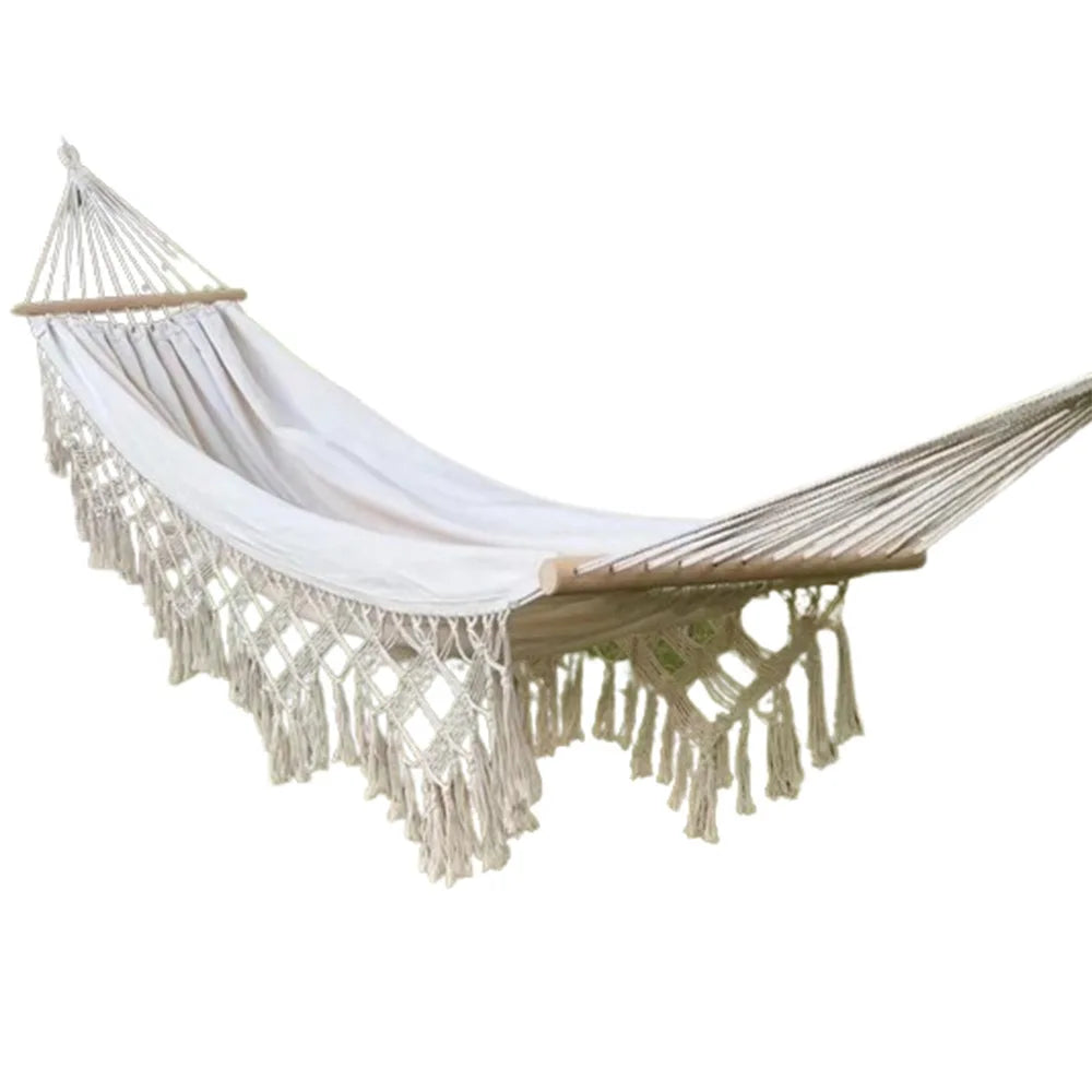 Large Double Deluxe Hammock Boho Style with Woven Tassels 2 Person Hammock Thickened Hanging Bed Canvas Swing Chair Bedroom Oasis Select 200x150cm-White-rod