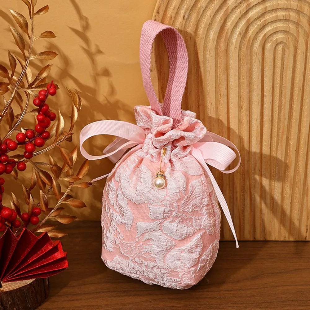 Chinese Style Embossed Flower Drawstring Candy Gift Bag