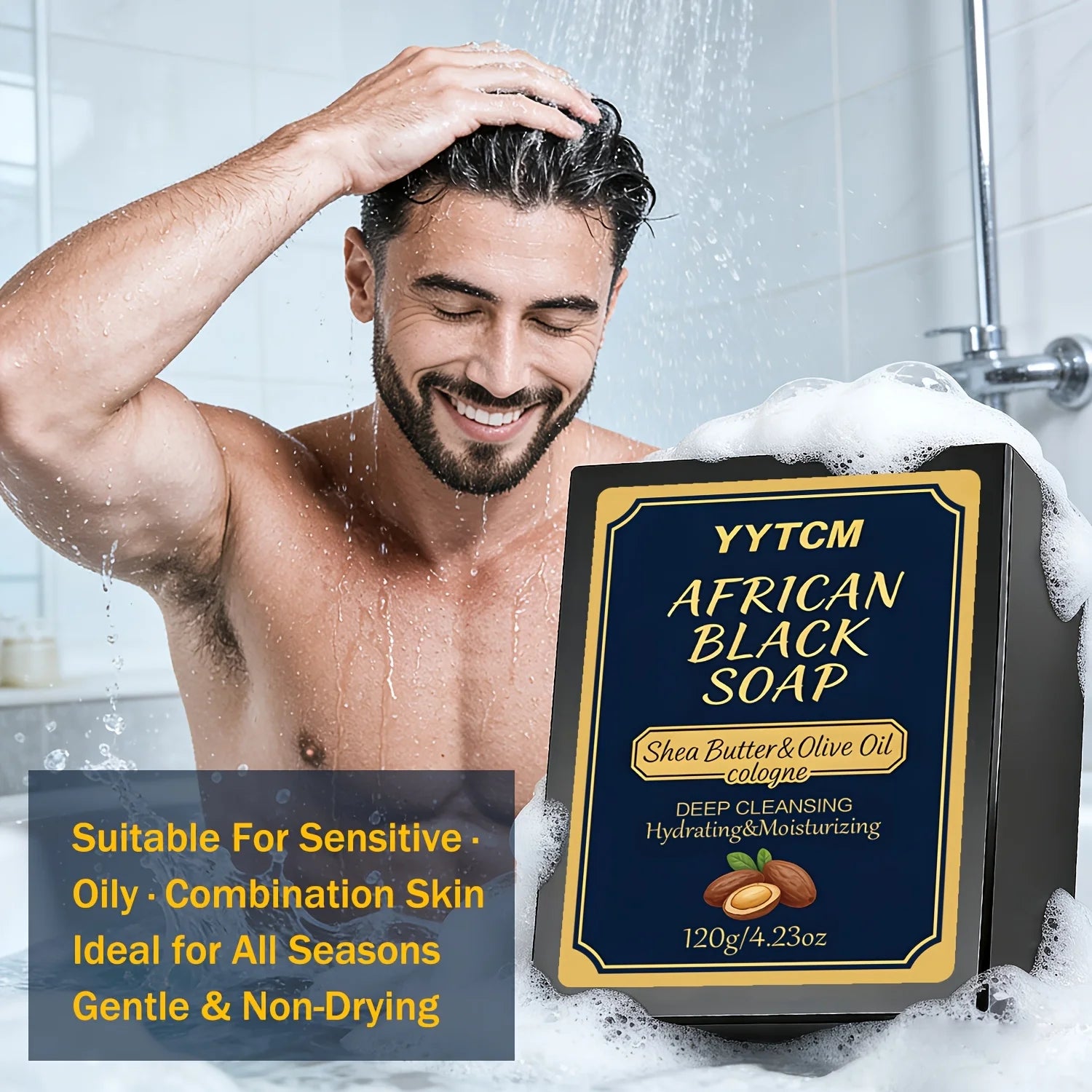 African Black Soap, Bamboo Charcoal Soap, Cologne Scent, Bath and Hand Soap, Contains Shea Butter, Olive Oil, Rich Foam 120G/Piece-1 Piece Oasis Select