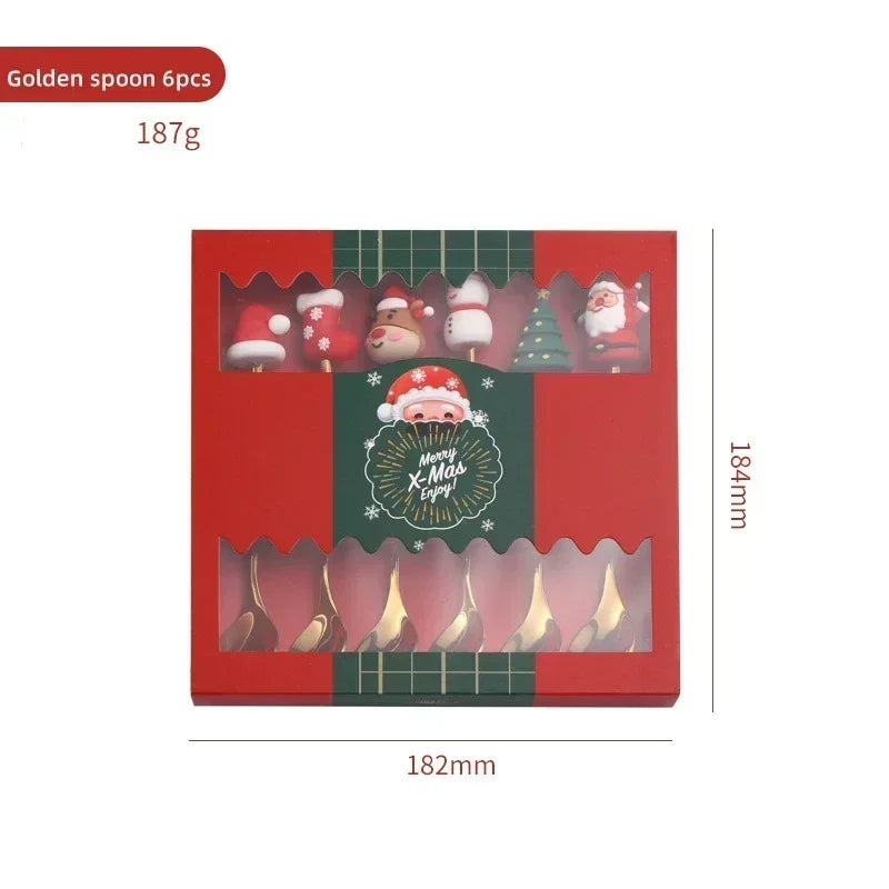 4/6PCS Coffee Spoons and Forks Set Creative Stainless Steel Fruit Fork Coffee Spoon Christmas Gifts for Kids Red/Green Gift Box Oasis Select Golden spoon 6pcs