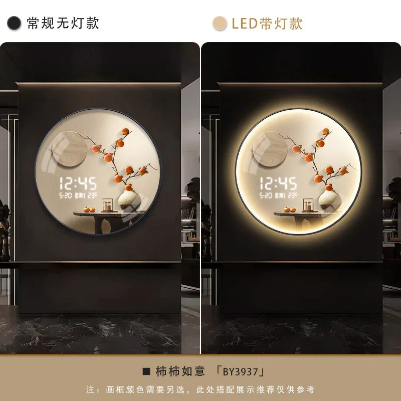 New Chinese Circular Persimmon Ruyi Electronic Wall Clock Living Room Porch Decorative Painting Hanging Wall Clock Wall Decor Oasis Select BY3937 40cm