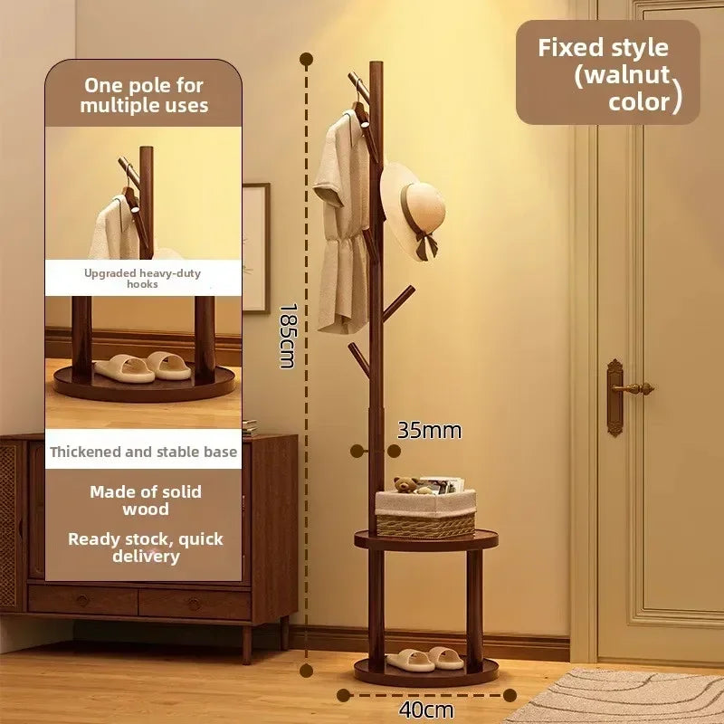 Multi-functional Bedside coat rack living room solid wood hanger double storage home floor hanger bedroom Oasis Select Walnut-A