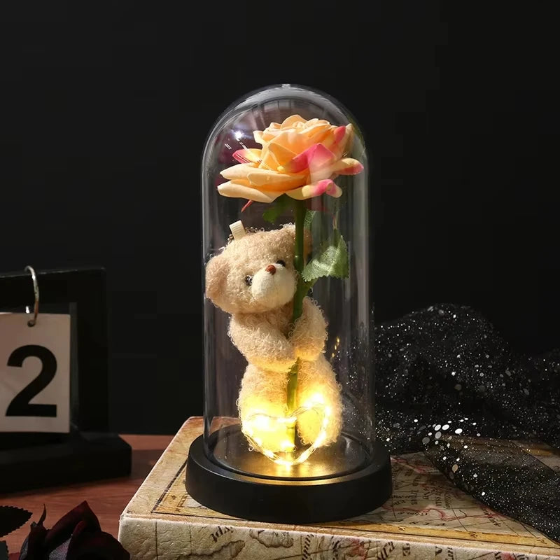 Eternal Rose in Glass Dome Artificial Flower with Bear Desk Accessories Christmas Valentine's Day Gifts Party Favors Oasis Select orange