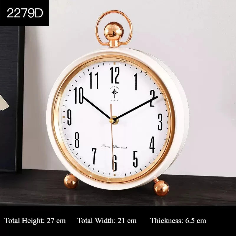 European Vintage Retro Table Clock Silent Non-Ticking Desk Clock Luxury Mantel Clock Home Living Room Desktop Ornament Oasis Select White