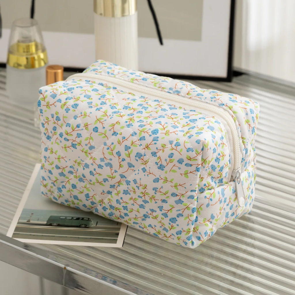 Floral Puffy Quilted Large Makeup Bag Travel Cosmetic Pouch Flower Printed Storage Organizer Makeup Accessory Oasis Select Blue