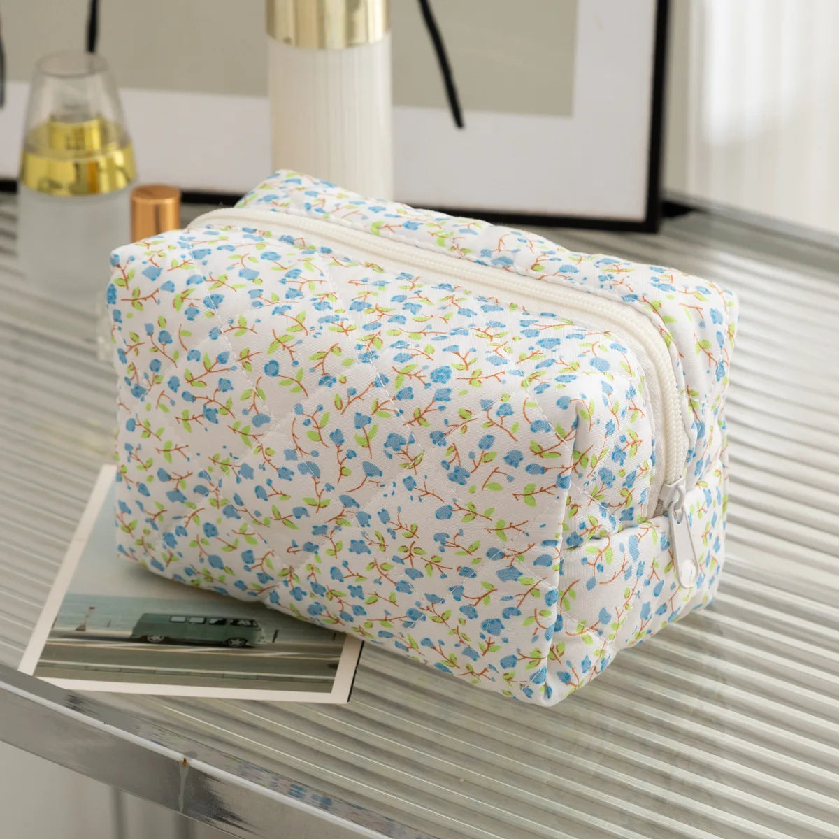 Floral Puffy Quilted Large Makeup Bag Travel Cosmetic Pouch Flower Printed Storage Organizer Makeup Accessory Oasis Select Blue