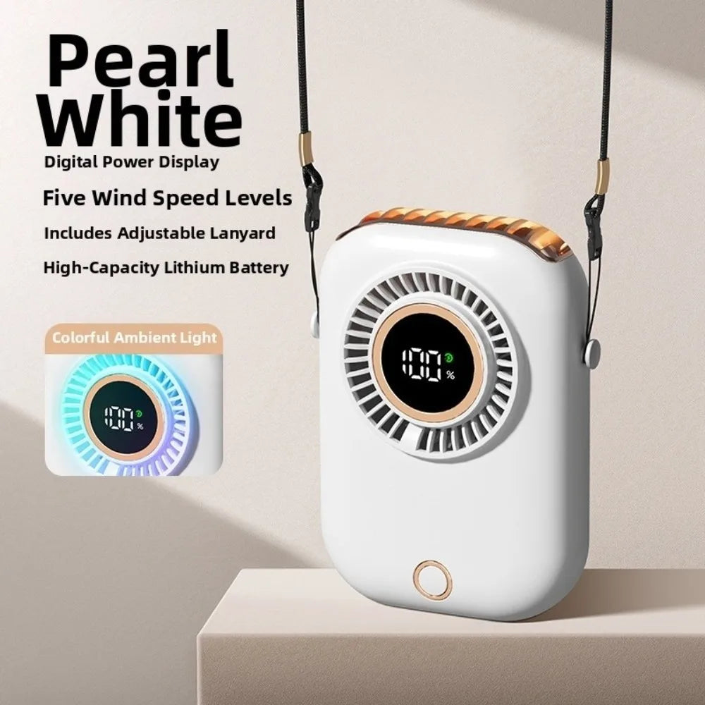 5 Speeds Mini Hanging Neck Fan Wide-Angle Airflow Ultra Quiet Portable Cooling Fan Digital Power Display Fanless Design Oasis Select White