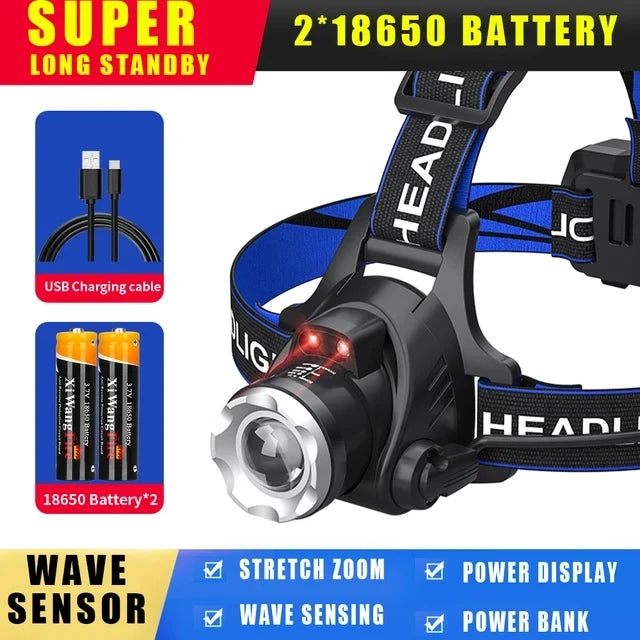 LED Zoom Headlight Flashlight Light Source Rechargeable Camping Headlamp Hunting Head Light Torch Outdoor Fishing Head Lamp Oasis Select Sensor Headlamp 2PCS