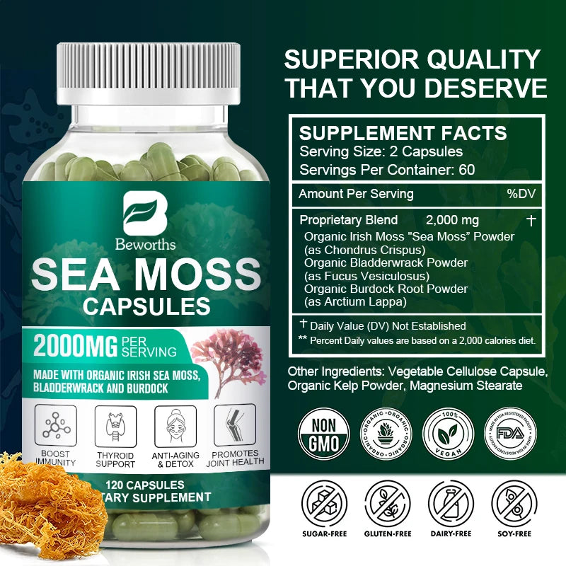 BEWORTHS Organic Sea Moss Pill for Intestinal Health & Immune Support Thyroid Support Skin, Joint Health Support Anti-Aging Oasis Select