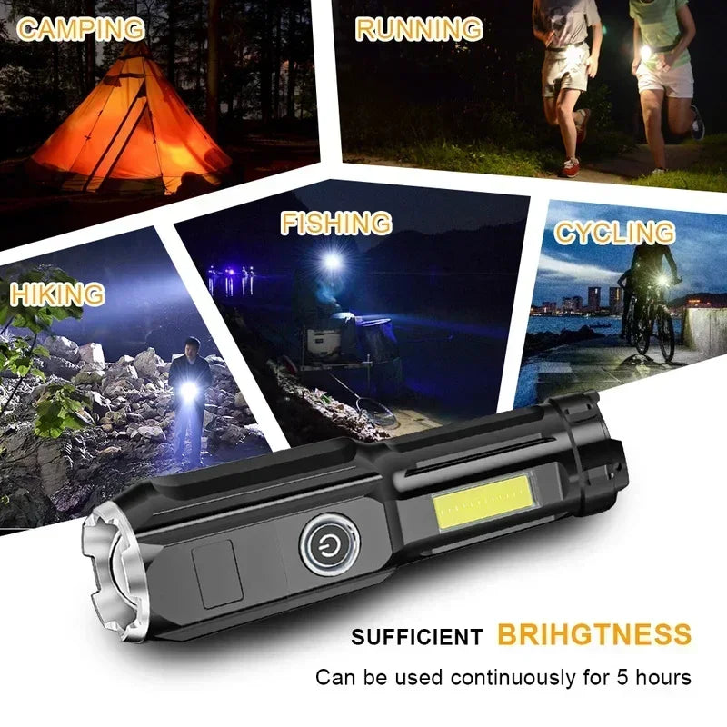 High Power Led Flashlight Super Bright Rechargeable Zoom Torch with COB Side Lights Outdoor Camping Night Fishing Lantern Oasis Select