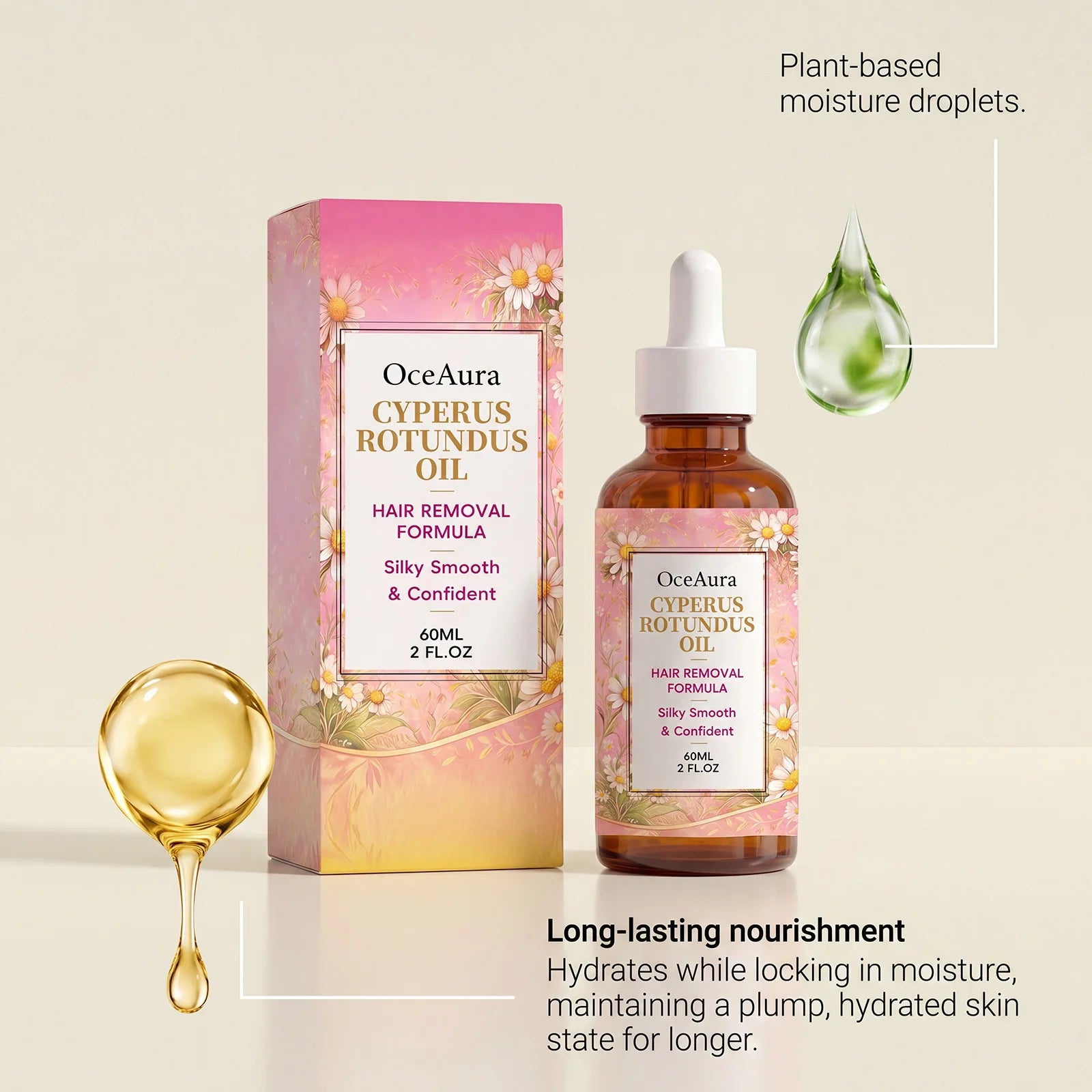 OCEAURA Cyperus Rotundus Oil Hair Removal 60ml Natural Inhibitor Oil Reduces Body Hair Growth Painless Soothing Smooth Skin Care Oasis Select