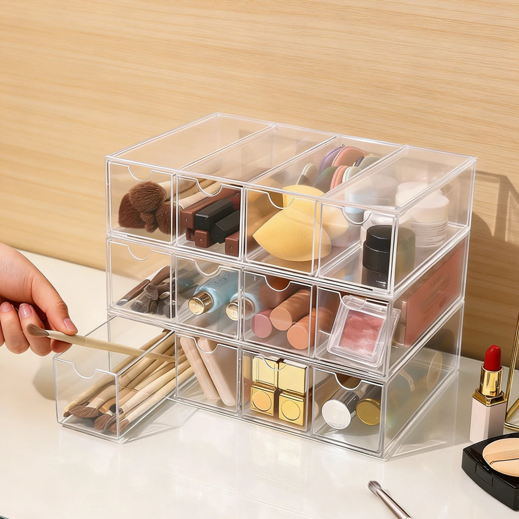 1pc one layer four grid transparent/white acrylic cosmetics storage box, stackable drawer style dressing table display box Oasis Select