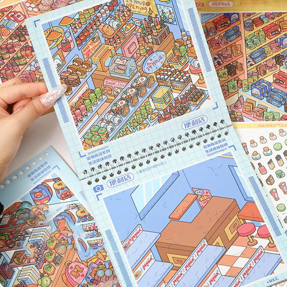 3D Miniature Supermarket Restocking Sticker Book DIY Quiet Book Snack Beverage Storage Simulation Scene Stickers Kids Toy Oasis Select