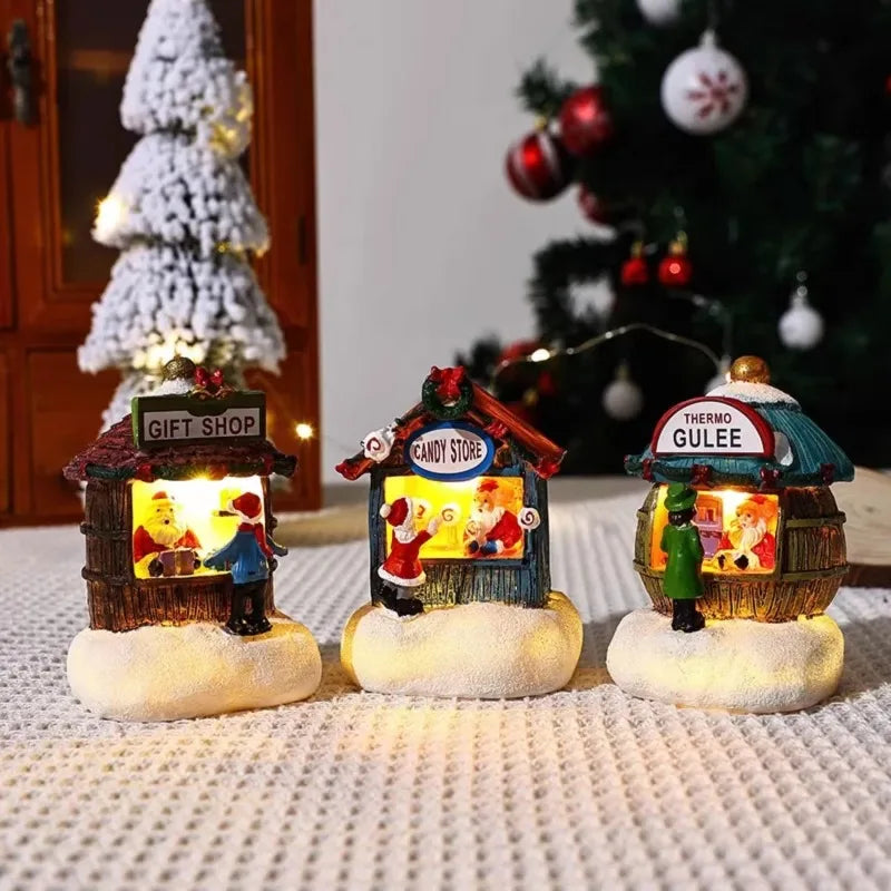 Christmas Snowman Luminous Decoration Resin Santa Claus Shop Micro Landscape Ornaments Christmas LED House Pine Needles Snow Oasis Select