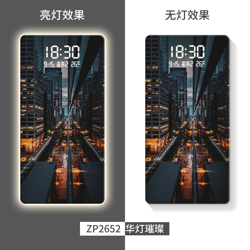 Led Electronic Wall Hanging Clock Porch Decorative Painting City Night Scene Advanced Sense Human Induction Wall Clock Oasis Select ZP2652 80cm x 40cm plug in
