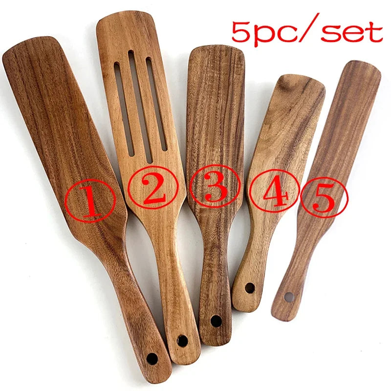 7pcs/set Teak Natural Wood Tableware Spoon Ladle Turner Rice Colander Soup Skimmer Cooking Spoon Scoop Kitchen Reusable Tool Kit Oasis Select shovel 5PC