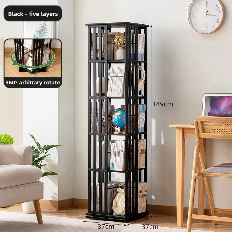 360 ° rotating bookshelf bookcase floor to wall shelf children's simple storage rack toy cabinet simple multi-layer Oasis Select Black five layers