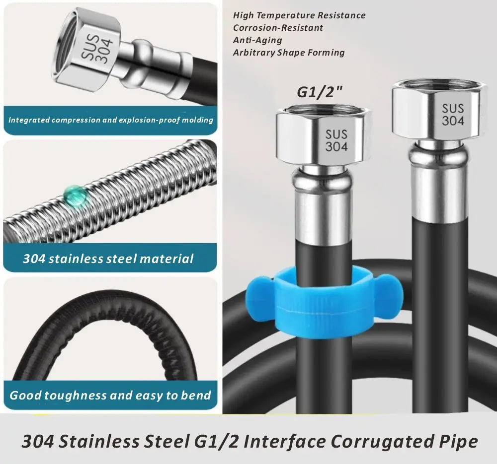New 20-200cm G1/2" Stainless Steel Flexible Anti Winding Explosion-proof Water Tube Bathroom Faucet Hose Extension Pipe Oasis Select Black 200cm