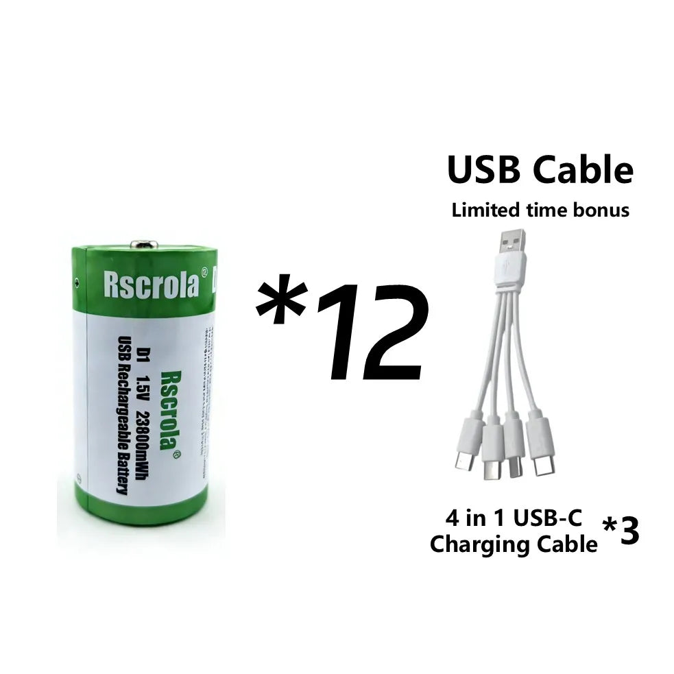 1.5V 23800mWh D Cell Batteries Rechargeable D Batteries with Charger Cable for Gas Cooker Water Heater Flashlight Radio Tool Toy Oasis Select 12P D1 Battery 1.5V