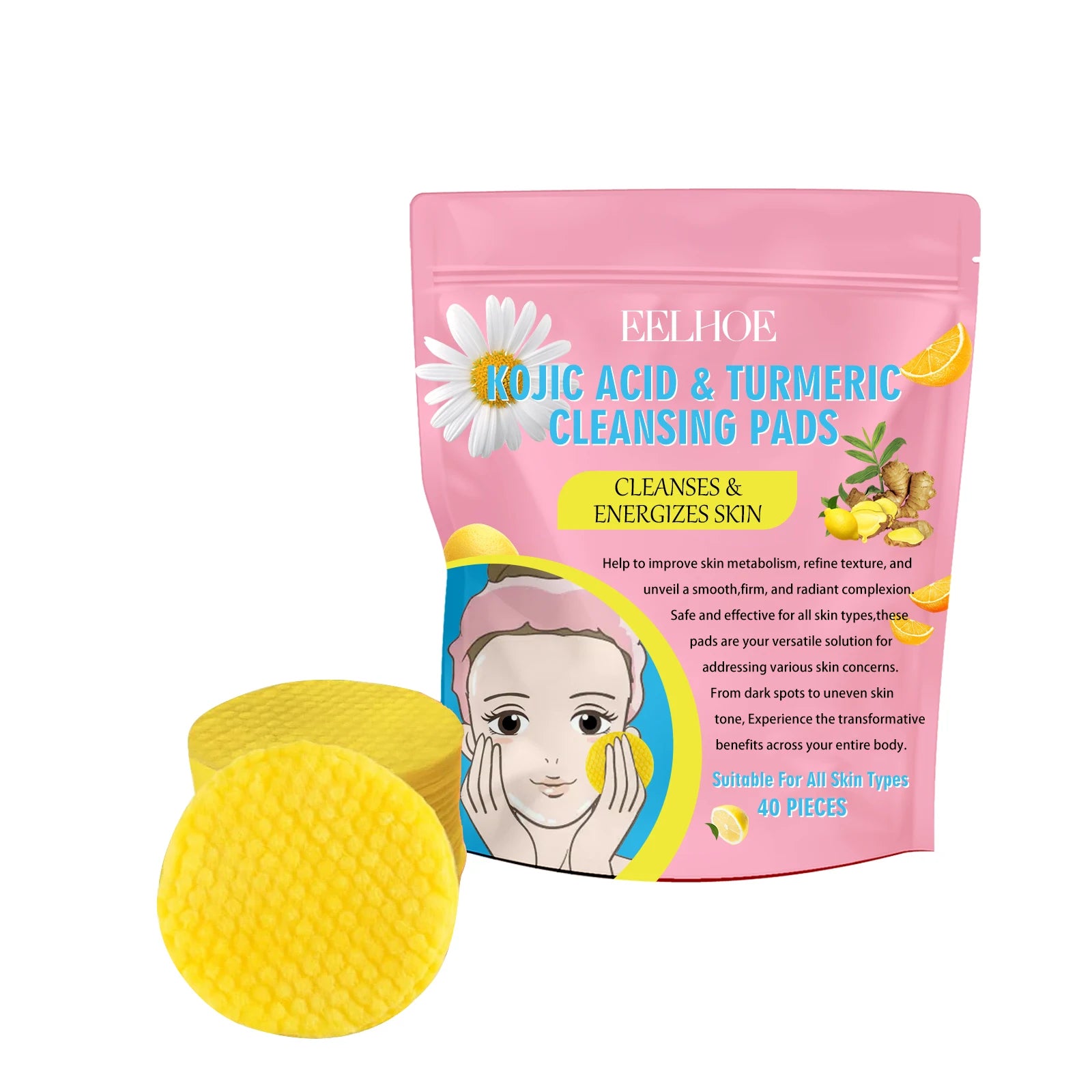 Turmeric Kojic Acid Cleansing Pads Exfoliating Pads Removing Dead Skin Shrink Pores Smooth Brightening Skin Face Cleansing Oasis Select A 40Pads