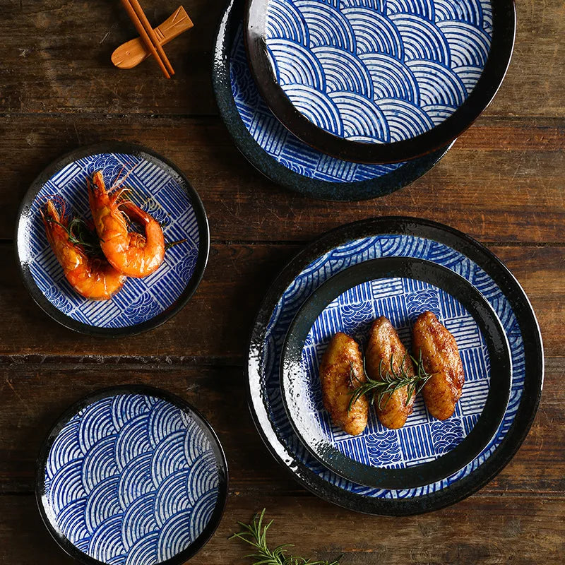 Japanese Blue And White Wave Pattern Tableware Ceramic Dinner Plate Household Flat Plate Sushi Plate Breakfast Plate Oasis Select