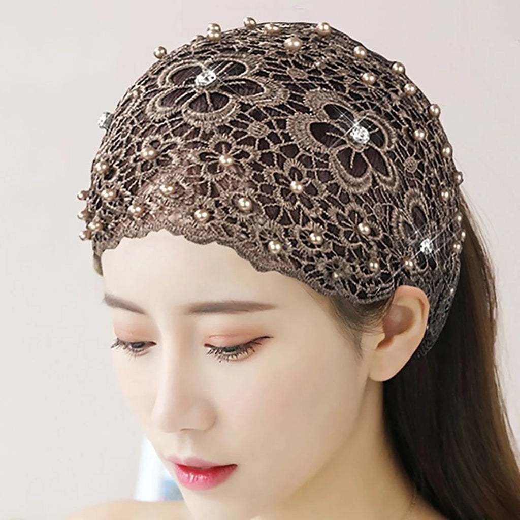 Women's Hollow Floral Rhinestone Pearl Wide Headband | Hair Band Wide Hair Headband Oasis Select Coffee One Size