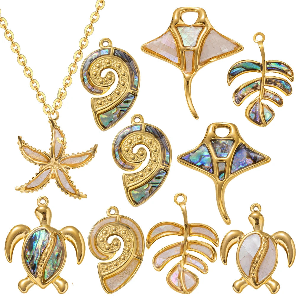 2PCs Ocean Series 304 Stainless Steel & Shell Charms For DIY Jewelry Making Gold Color Sea Turtle Animal Conch Pendant Necklace Oasis Select