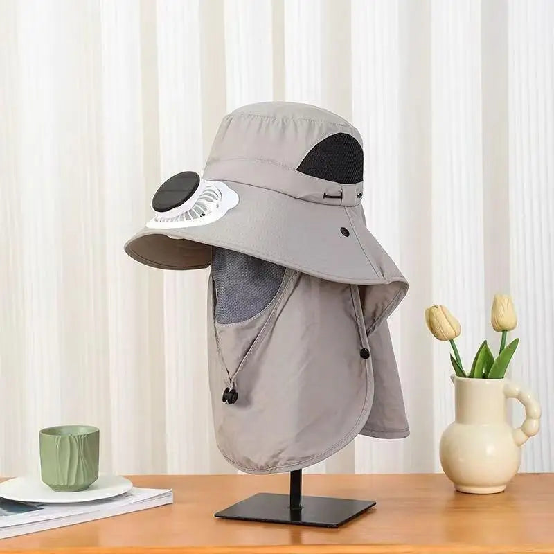 Men Solar Fan Wide Brim Fishing Hat with Shawl, USB Rechargeable UV Protection Outdoor Sun Hat Oasis Select light gray