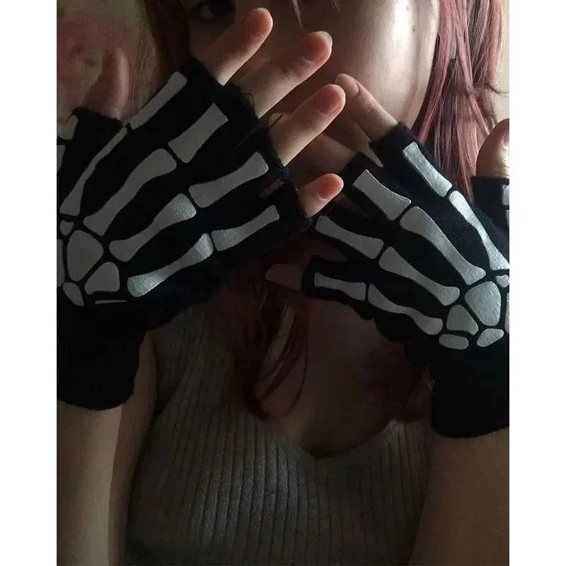 1/2/3/4pairs Adult Kids Halloween Skull Half-Finger Punk Gloves Winter Skull Fingerless Black Gloves Oasis Select