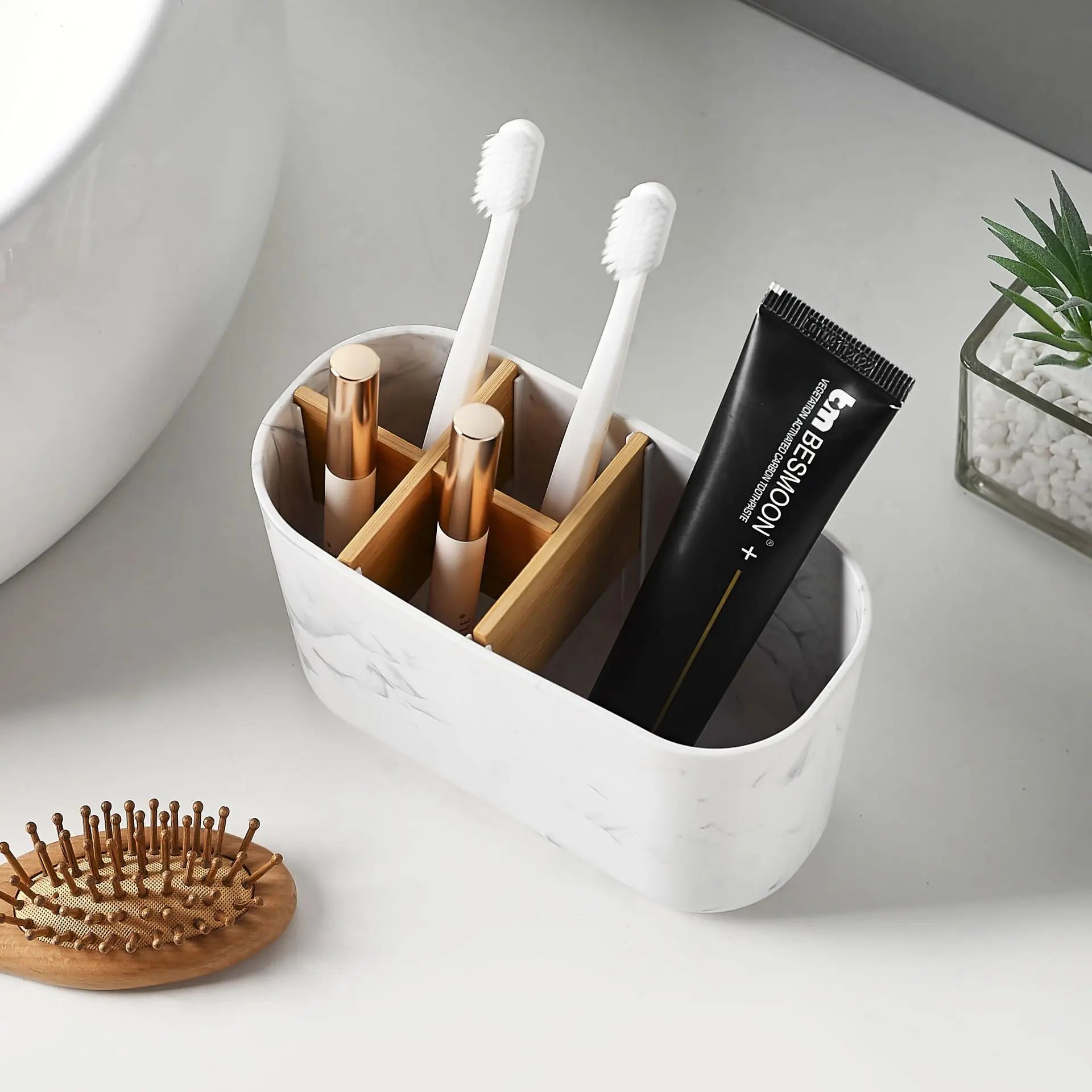 Bamboo Toothbrush Holder for Electric Toothbrushes - 5 Slot Bathroom Counter Organizer with Toothpaste Compartment Oasis Select