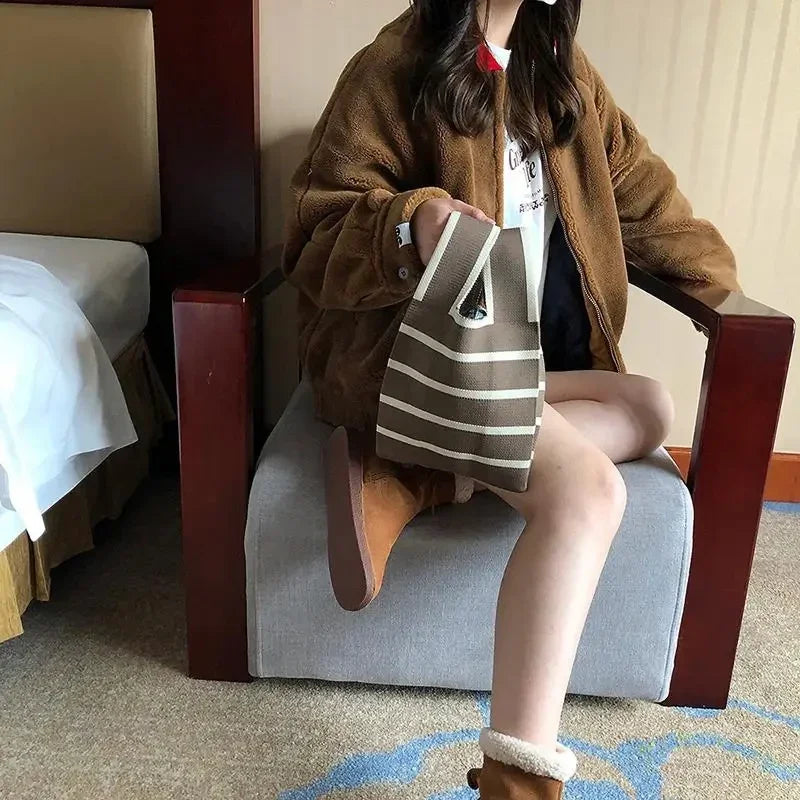 Women Handmade Knitted Small Handbag Casual Wrist Bag Wide Stripe Stripe Shopper Mini Tote Student Reusable Shoulder Bag Oasis Select