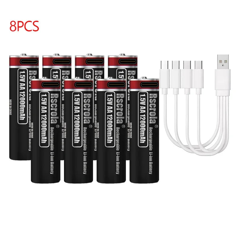 1.5V AA Rechargeable Lithium Battery 12000mAh with Type-C Cable, Stable Output for Camera, Mouse, Toys, Flashlight Oasis Select 8 PCS AA Batteries