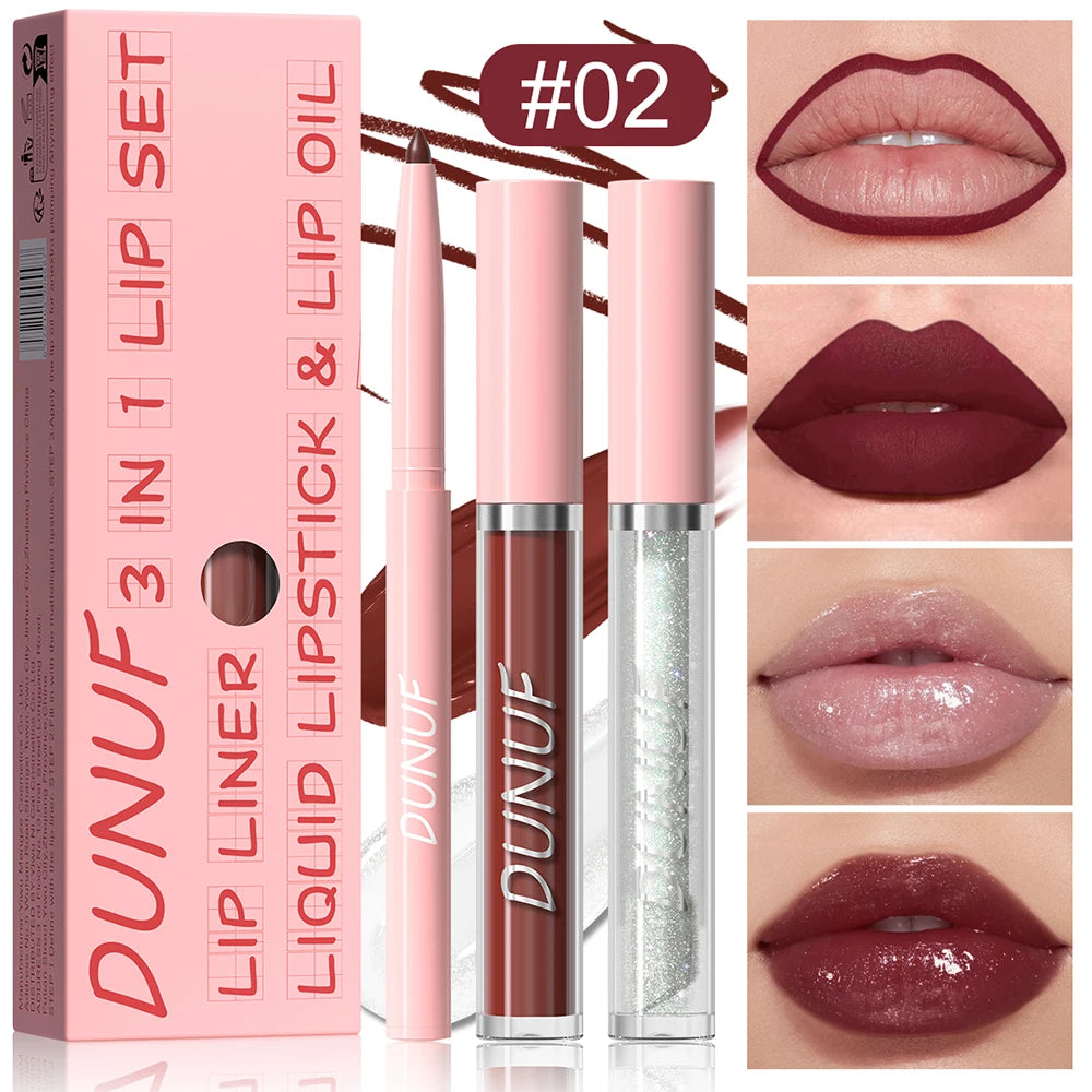 Lip Gloss Lip Liner Lip Oil 3pc/set: Matte Lipstick Waterproof Moisturizing Long Lasting Nude Y2K Christmas Valentine's Day Gift Oasis Select 02