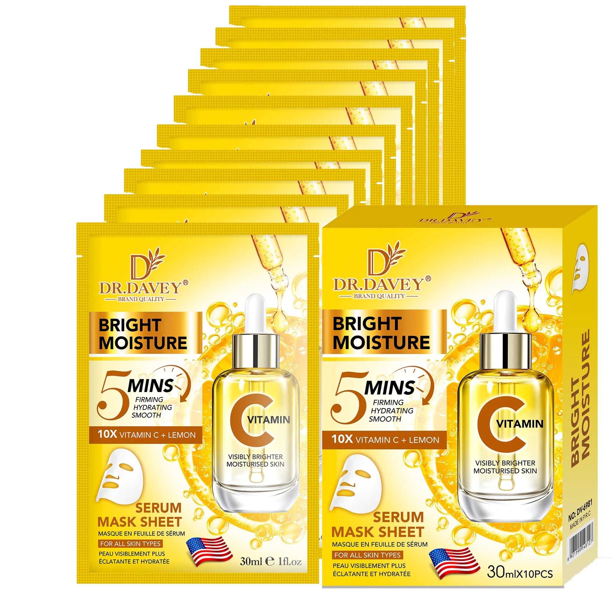 DR.DAVEY Vitamin C Serum Facial Mask – 10 Sheet Masks