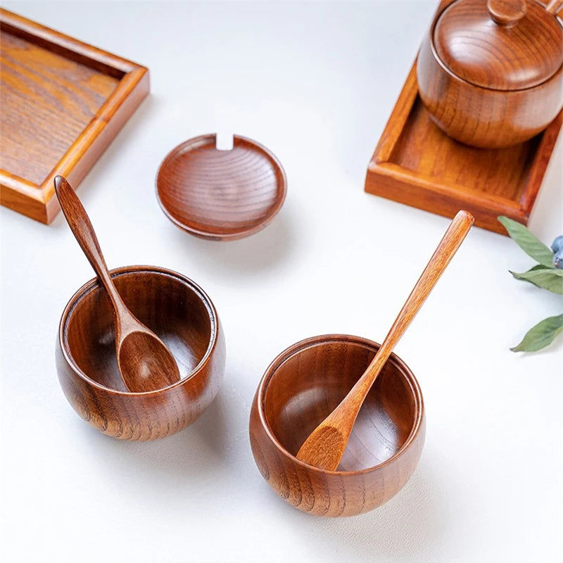 Wooden Seasoning Jar Creative Kitchen Retro Salt Sugar Pot Seasoning Storage Jar With Lid Spoon Wooden Tray Storage Containers Oasis Select