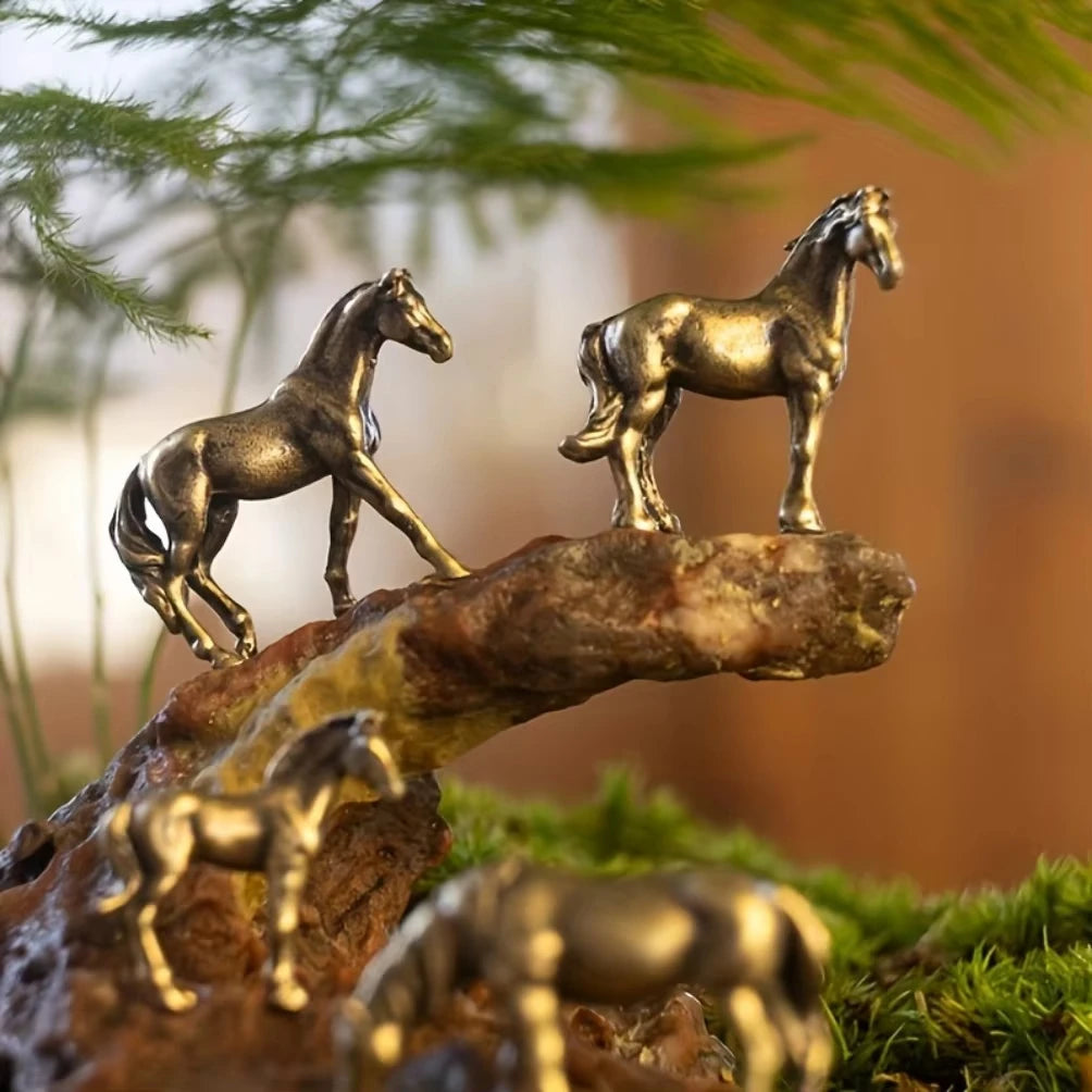 Miniature Antique Brass Long Tail Horse Figurines Feng Shui Ornament Copper Zodiac Animal Mini Desktop Crafts Home Decor gifts Oasis Select
