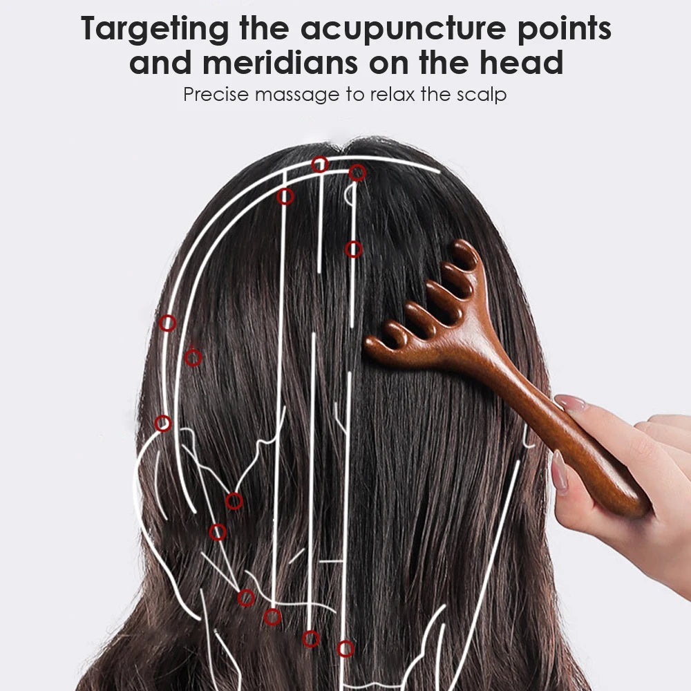 Sandalwood 6-Claw Head Massage Comb | Gua Sha Scalp Tool