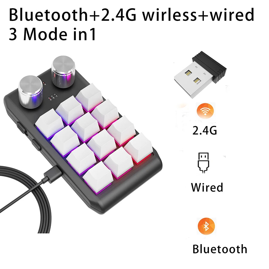 12 Keys 2 Knob RGB Programming Macro Gaming Knob Keypads Mini Custom Programming Keyboard USB Mechanical Keyboard for Photoshop Oasis Select White Wired BT 2.4G