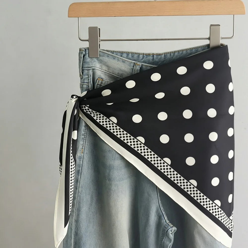 New Multi-functional Polka Dot Triangle Scarf Matching Pants Silk Satin Waist Belt Decorative Headscarf Oasis Select Style1-Black