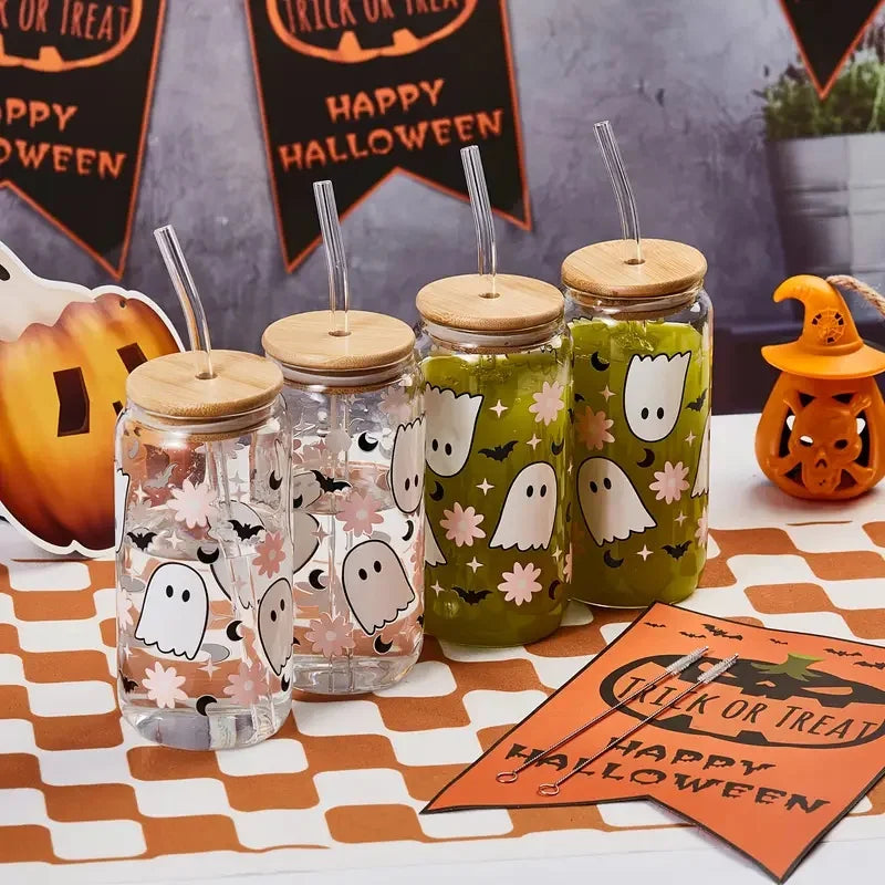 Halloween Drinking Cup with Lid and Straw 18.7oz/550ml Canned Glass Cup Cute Kawaii Coffee Cup Juice Water Cup Milk Oasis Select