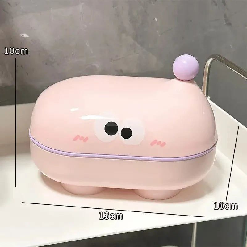 Flip-top Soap Box Big-eyed Cute Household Draining Soap Holder with Lid Cartoon Soap Box for Student Dormitorie Bathroom Storage Oasis Select Pink