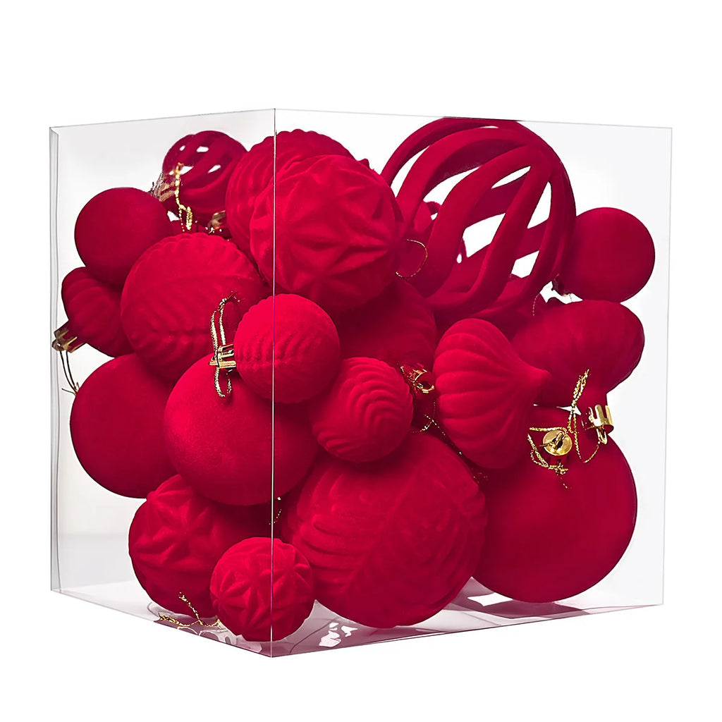 36PCS Flocked Christmas Ball Ornaments Velvet Pendant Christmas Tree Decoration Holiday Decoration for Christmas, New Year Oasis Select Red