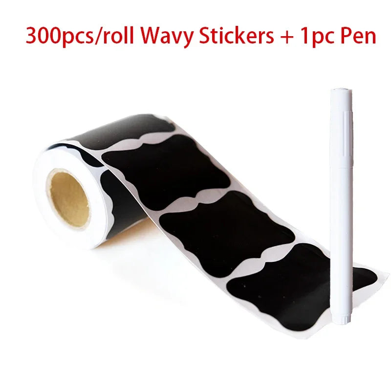 Black Waterproof Reusable Label Stickers With White Chalk For Mason Jars, Craft Room, Storage Spaces, Glass Bottles,Organization Oasis Select 300 Wave and 1 pen
