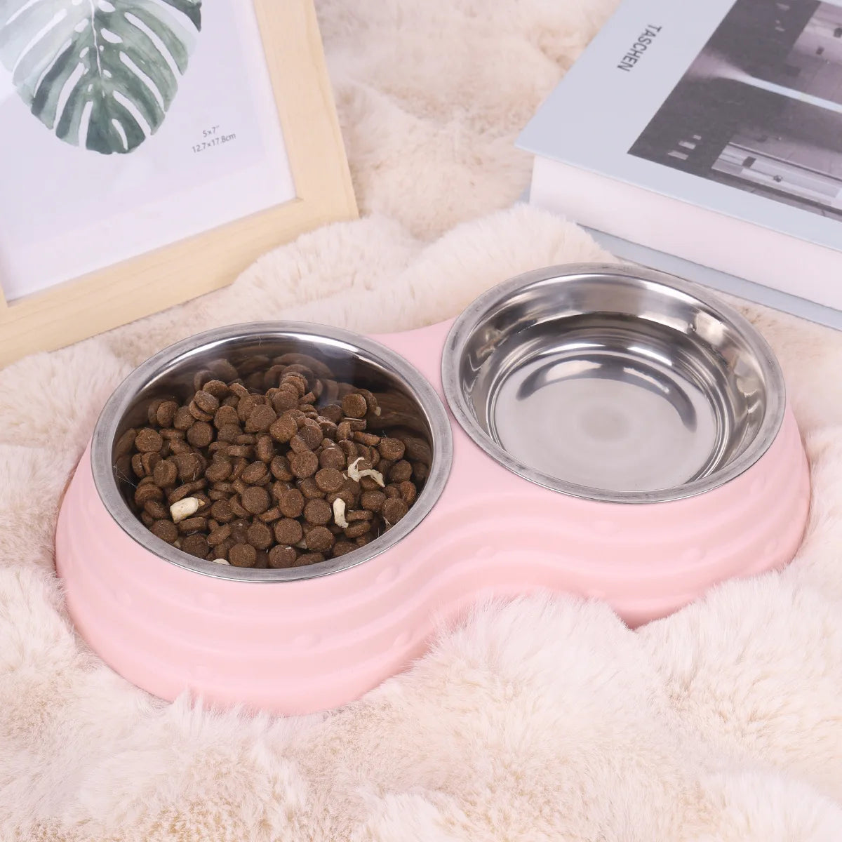 PP Material Pet Feeding Bowl Stainless Steel Large Capacity Dog and Cat Drinking Water and Eating Double Bowl Non-Slip Feeding Oasis Select