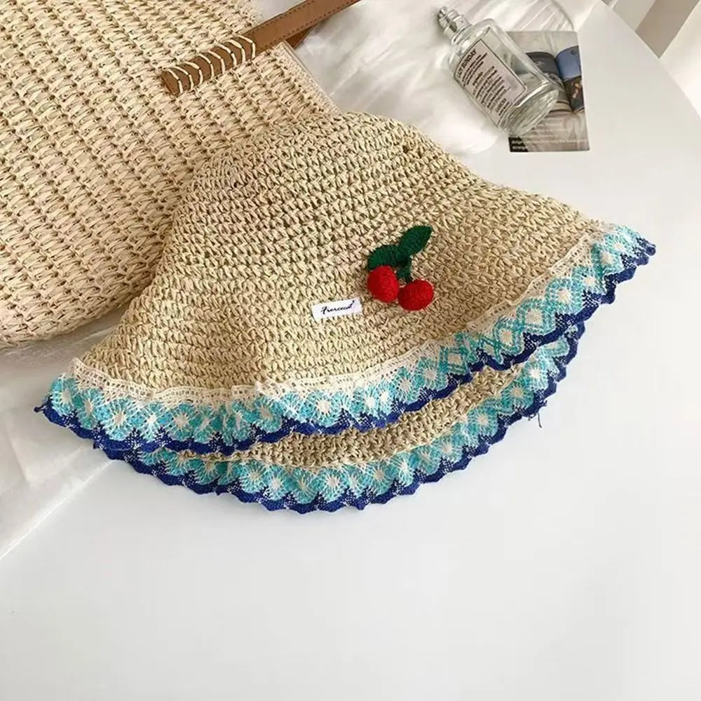 Fashionable Large Brim Straw Hat Floral Tie Ethnic Style Fisherman's Hat Hollow out Sun Protection Hat Vacation Oasis Select
